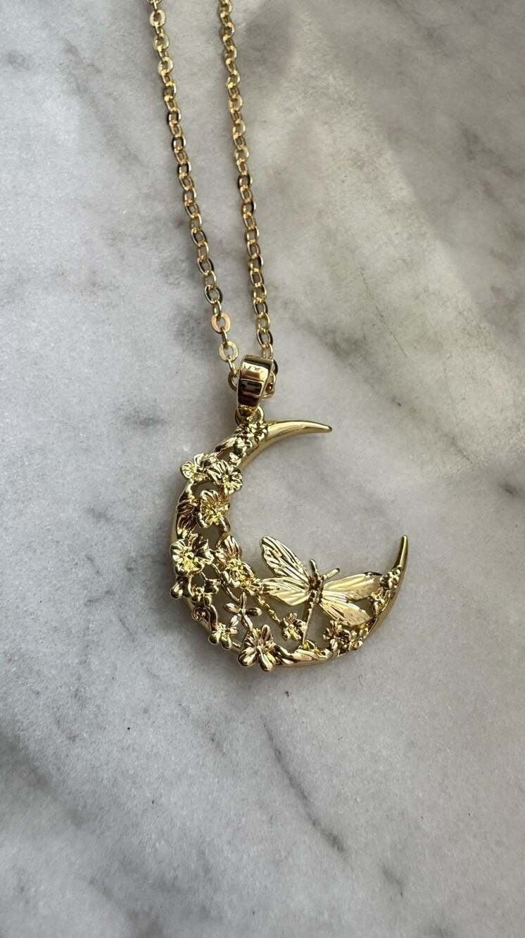 Gold Moon Dragonfly Floral Pendant Necklace